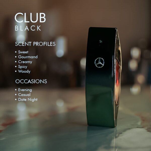 A 100ml bottle of Mercedes-Benz Club Black Eau de Toilette with dark design on a marble table.