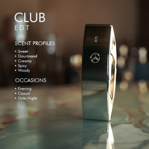 A 100ml bottle of Mercedes-Benz Club Eau de Toilette with silver deisgn and silver cap on a marble table.