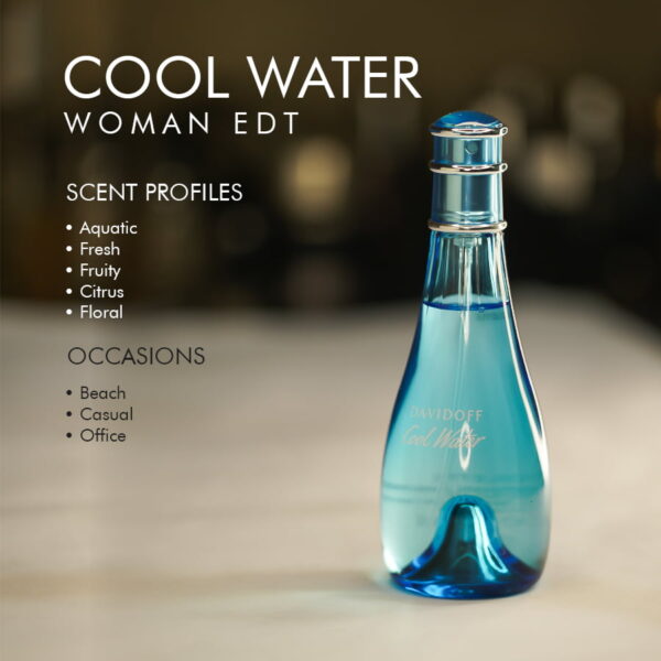 A 100ml bottle of Davidoff Cool Water Woman Eau de Toilette with a blue design on a marble table.