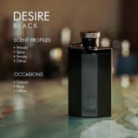 A 100ml bottle of Dunhill Desire Black Eau de Toilette with black design and black cap on a marble table.