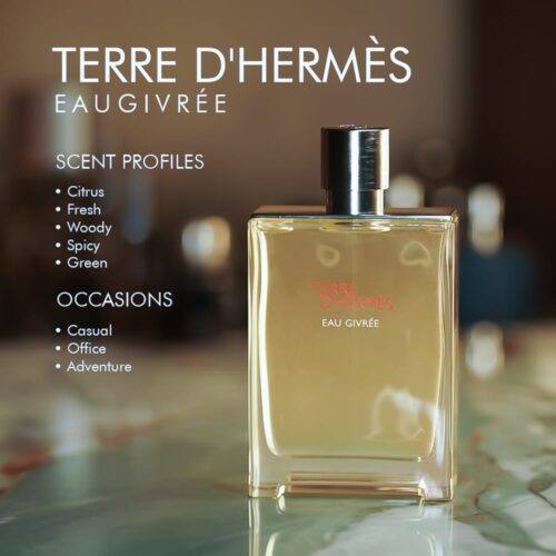 A 100ml bottle of Hermes Terre D’Hermes Eau Givree Eau de Parfum with a clear liquid and black cap on a marble table.