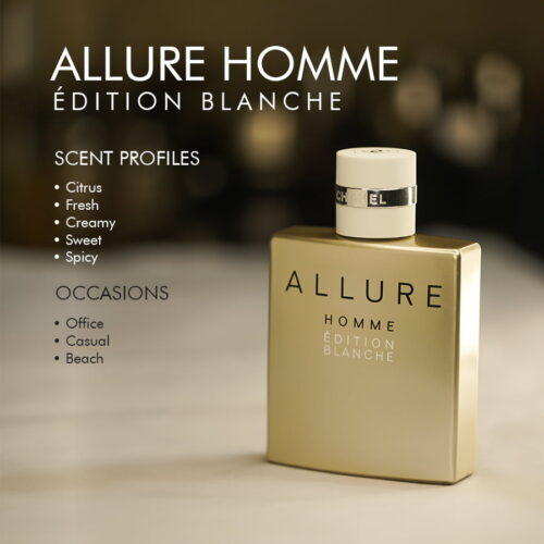 A 100ml bottle of Chanel Allure Homme Édition Blanche Eau de Parfum with a white cap and off white design black label, on a white table.