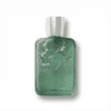 Luxurious green perfume bottle with embossed lions and classic design.