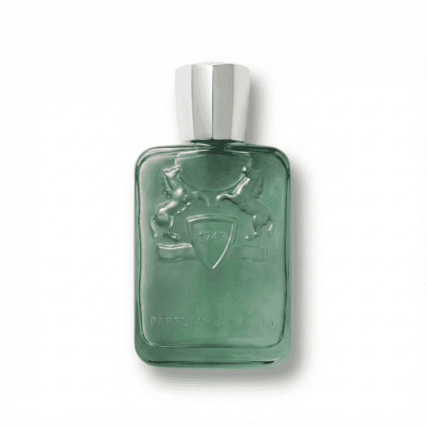 f5a36fa6-fe33-44fb-83eb-6c37a23e7571 Luxurious green perfume bottle with embossed lions and classic design.
