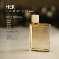 A 100ml bottle of Burberry Her London Dream Eau de Parfum with a pink cap and clear liquid with a transparent label on a white table.