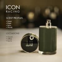 A 100ml bottle of Dunhill Icon Racing Eau de Parfum with a black cap and dark green design on a marble table.