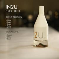 A 100ml bottle of Calvin Klein IN2U For Her Eau de Toilette with a white and gold design on a marble table.