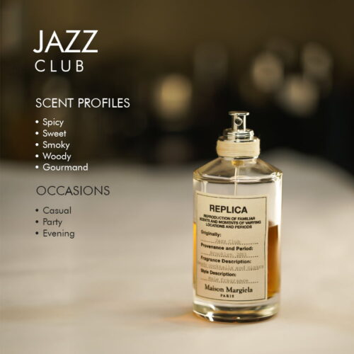 a 100ml bottle of Maison Margiela Jazz Club Eau de Toilette with a cylindar glass design and white label on a white table