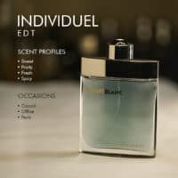 A 100ml bottle of MontBlanc Individuel Eau de Toilette with a silver cap and clear liquid with a white label on a marble table.