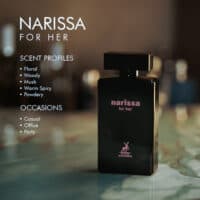 A 100ml bottle of Maison Alhambra Narissa For Her Eau de Parfum with a black design and pink label on a marble table