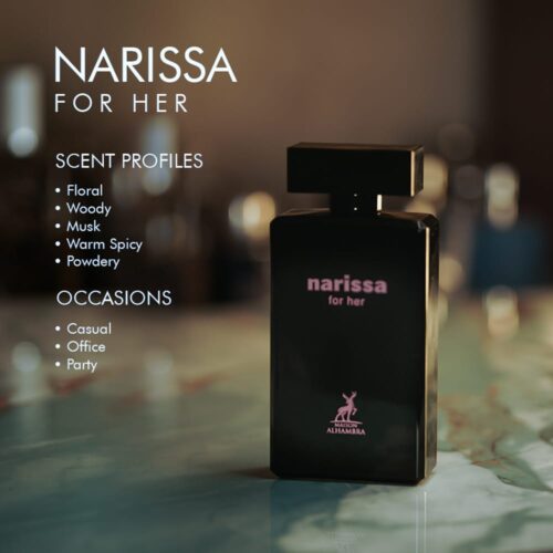 A 100ml bottle of Maison Alhambra Narissa For Her Eau de Parfum with a black design and pink label on a marble table