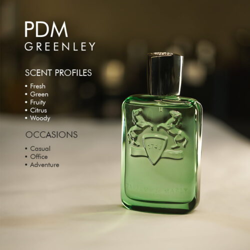 A 125ml bottle of Parfums de Marly Greenley Eau de Parfum with a statuesque green design on a marble table.