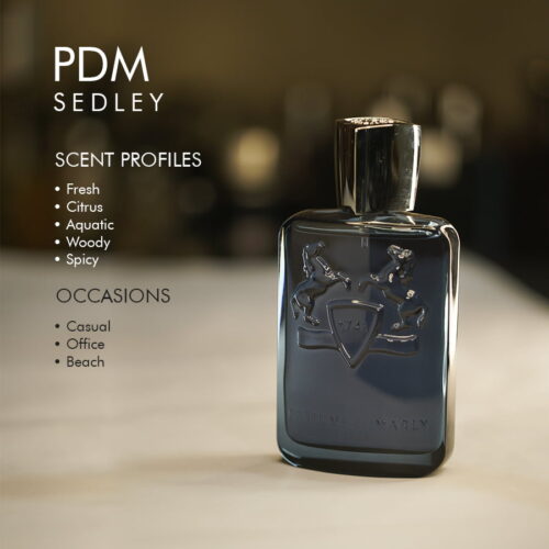 a 125ml bottle of Parfums de Marly Sedley Eau de Parfum with a transparent glass design and silver cap on a white table