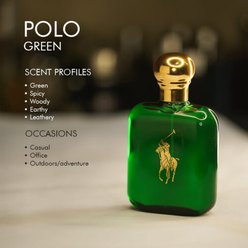 A 100ml bottle of Ralph Lauren Polo Green Eau de Toilette with a brass cap and green liquid, featuring a white polo player logo on the front, placed on a marble table.