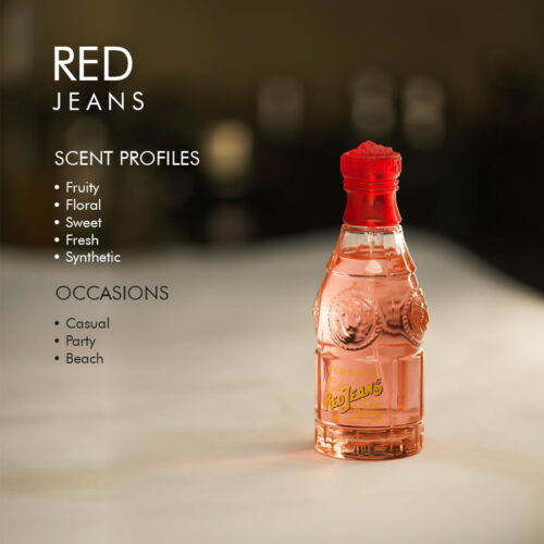 a 75ml bottle of Versace Red Jeans Eau de Toilette with a vintage-style design and floral cap on a white table