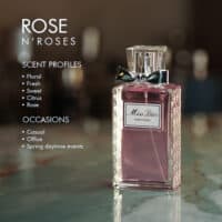 A 100ml bottle of Dior Miss Dior Rose N’Roses Eau de Toilette with a pink and clear design on a marble table