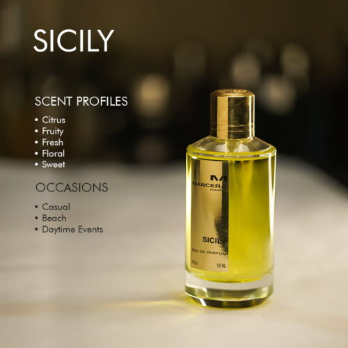 A 120ml bottle of Mancera Sicily Eau de Parfum with a gold cap and yellow liquid on a marble table.