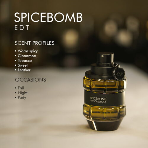 A 90ml bottle of Viktor&Rolf Spicebomb Eau de Toilette with a grenade-shaped glass bottle, encircled by a black band, containing a clear liquid, placed on a white table.