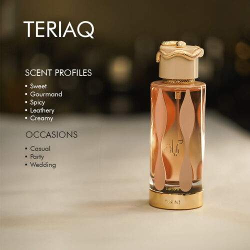 A 100ml bottle of Lattafa Teriaq Eau de Parfum with amber liquid and a gold cap on a marble table.