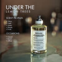 A 100ml bottle of Maison Margiela Under The Lemon Trees Eau de Toilette with a transparent liquid and white label on a marble table