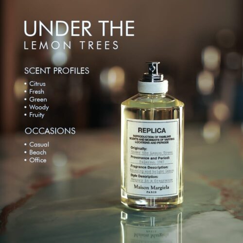 A 100ml bottle of Maison Margiela Under The Lemon Trees Eau de Toilette with a transparent liquid and white label on a marble table