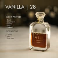 A 50ml bottle of Kayali Vanilla | 28 Eau de Parfum with a diamond-shaped cap and amber-colored liquid with white label on a white table