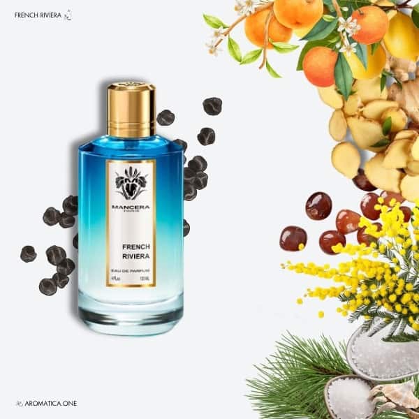A 120ml bottle of Mancera French Riviera Eau de Parfum with a fresh blue and white design