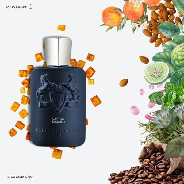 A 100ml bottle of Parfums de Marly Layton Exclusif Eau de Parfum with a dark blue and silver cap design on a white table