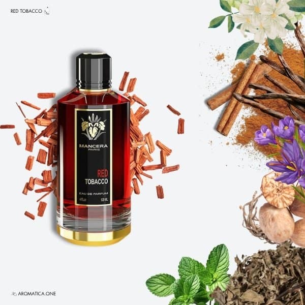 a 120ml bottle of Mancera Red Tobacco Eau de Parfum with a deep red glass design and black cap