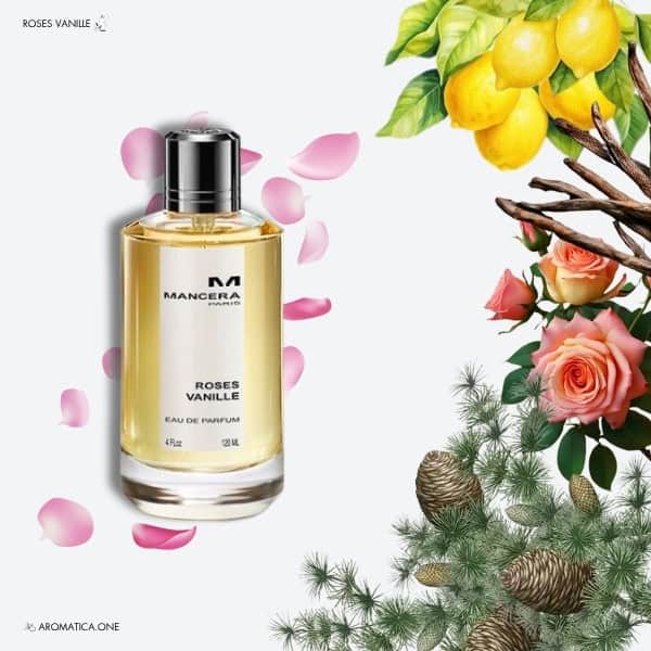 A 100ml bottle of Mancera Roses Vanille Eau de Parfum with a gold and white label design