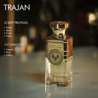 A 100ml bottle of Electimuss Trajan Eau de Parfum with a gold and clear design on a white table
