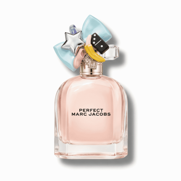 Bright pink Marc Jacobs perfume bottle with playful charms and accessories on the cap.