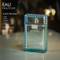 A 100ml bottle of Versace Eau Fraiche Eau de Toilette with a blue transparent design on a white table