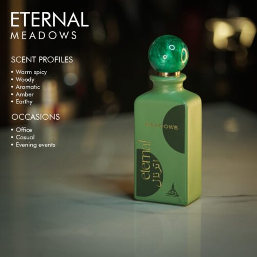 A 100ml bottle of Paris Corner Eternal Meadows Eau de Parfum with a green design on a white table