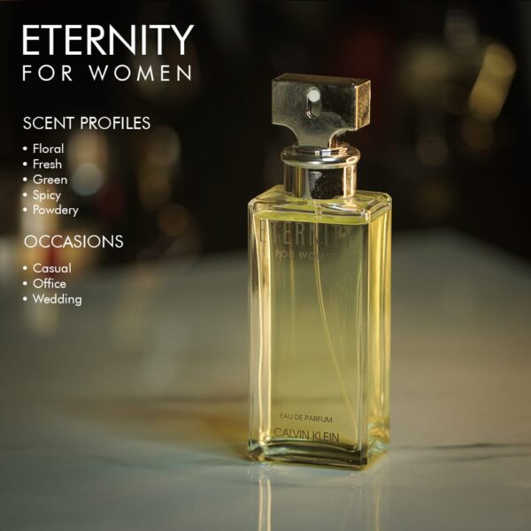 A 100ml bottle of Calvin Klein Eternity Eau de Toilette with a clear and silver design on a marble table