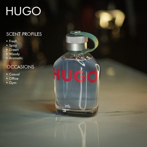 A 100ml bottle of Hugo Boss Hugo Eau de Toilette with a clear blue design on a white table