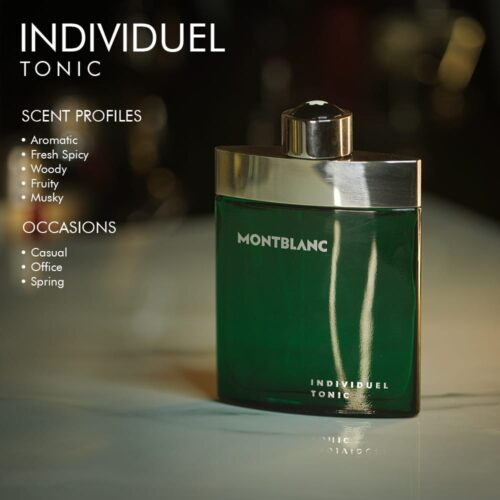 A 100ml bottle of MontBlanc Individuel Tonic Eau de Toilette with a green and silver design on a marble table