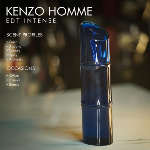 A 100ml bottle of Kenzo Homme Eau de Toilette Intense with a blue design on a marble table