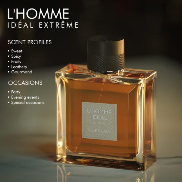 A 100ml bottle of Guerlain L’Homme Ideal Extreme Eau de Parfum with a dark brown and black cap design on a marble table