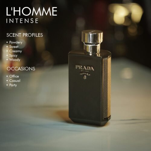 A 100ml bottle of Prada L'Homme Intense Eau de Parfum with a dark design on a white table