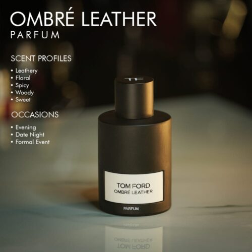 A 100ml bottle of Tom Ford Ombre Leather Parfum with a black and white design on a marble table
