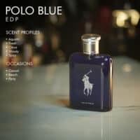 A 100ml bottle of Ralph Lauren Polo Blue Eau de Parfum with a blue and silver design on a marble table