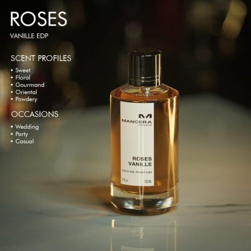 A 100ml bottle of Mancera Roses Vanille Eau de Parfum with a gold and white label design on a marble table