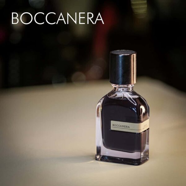 A 50ml bottle of Orto Parisi Boccanera Parfum with a minimalist dark brown design and a bronze cap on a white table