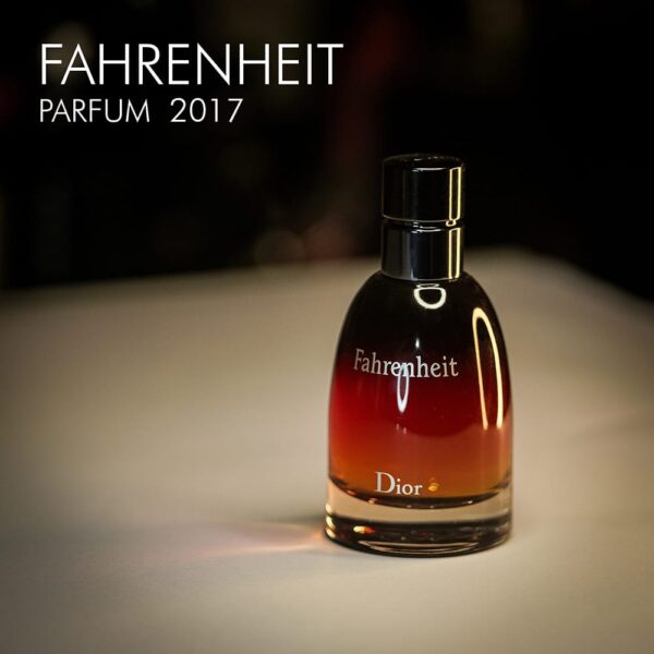 A 100ml bottle of Dior Fahrenheit Le Parfum (Batch 2017) Parfum with a deep red and black design on a white table