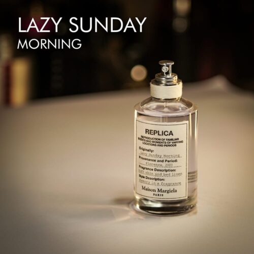 A 100ml bottle of Maison Margiela Lazy Sunday Morning Eau de Toilette with a clear design and a white label on a white table