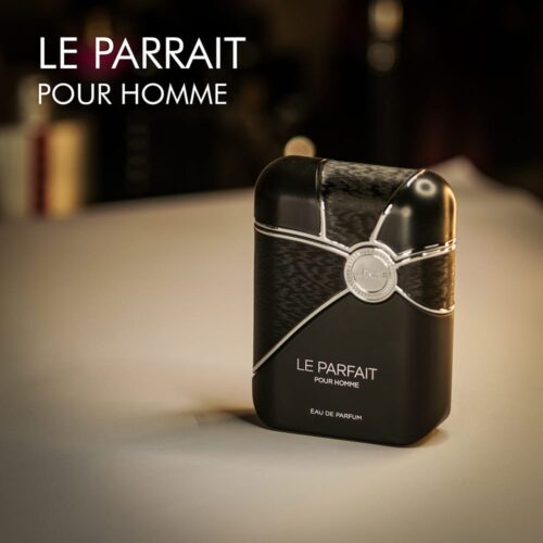 A 100ml bottle of Armaf Le Parfait Pour Homme Eau de Parfum with a black and silver design on a white table