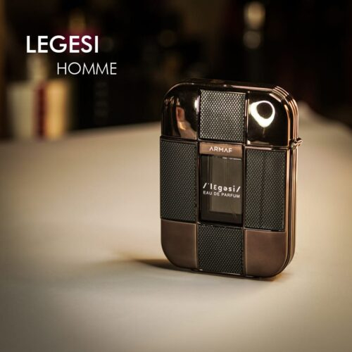 A 100ml bottle of Armaf Legesi Homme Eau de Parfum with a black and brown design on a white table