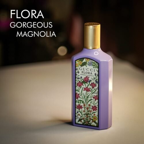 A 100ml bottle of Gucci Flora Gorgeous Magnolia Eau de Parfum with a purple and floral design on a white table