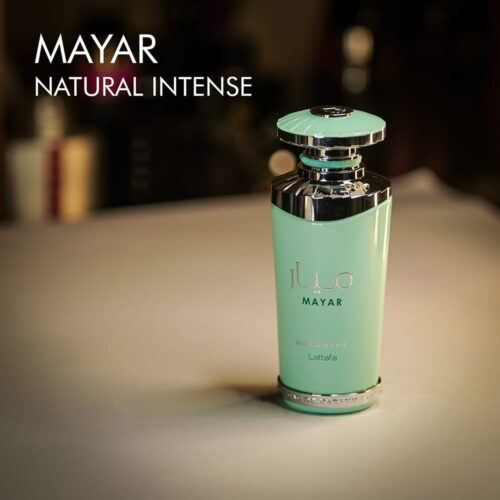 A 100ml bottle of Lattafa Mayar Natural Intense Eau de Parfum with a greenish color on a white table